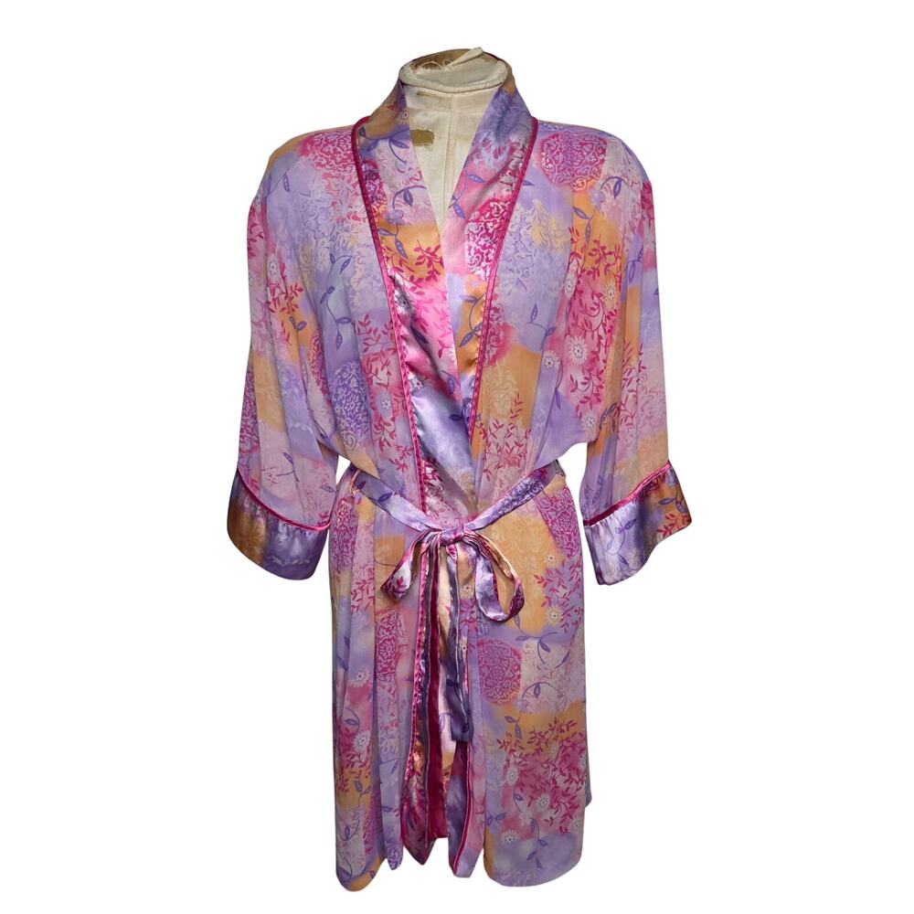 Delicates Floral pink purple yellow Kimono Tie Robe Size Large
